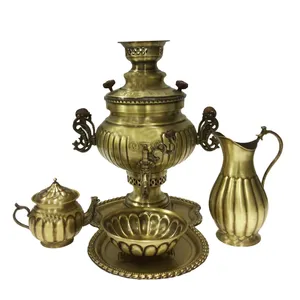 سرویس سماور ذغالی 5 پارچه برنجی مدل خطی کد 75465