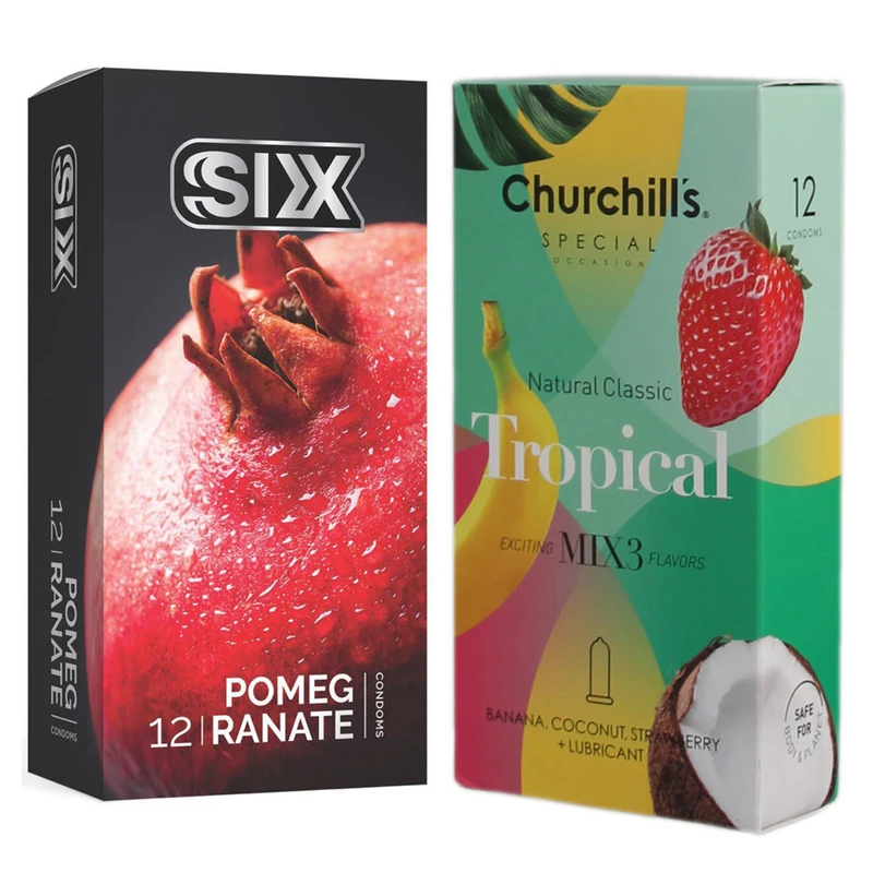 کاندوم چرچیلز مدل Tropical بسته 12 عددی به همراه کاندوم سیکس مدل انار بسته 12 عددی