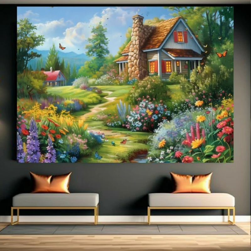 تابلو بوم طرح نقاشی خانه و حیاط پر از گل کد FP104890