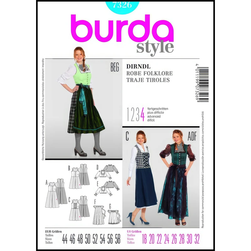 الگو خیاطی لباس سنتی زنانه بوردا استایل کد 7326 سایز 44 تا 58 متد مولر