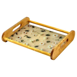 سینی دسته دار مدل چوبی طرح گل بابونه کد WOODGLASS سایز 35x25 سانتی متر