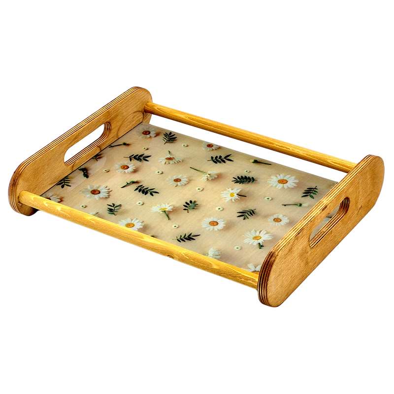 سینی دسته دار مدل چوبی طرح گل بابونه کد WOODGLASS سایز 35x25 سانتی متر