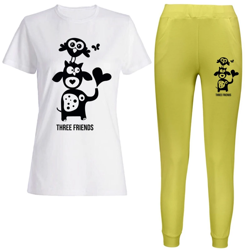 ست تی‌شرت آستین کوتاه و شلوار راحتی زنانه مدل جغد و فیل