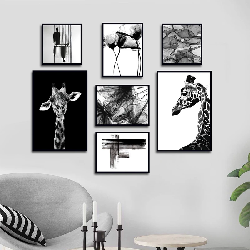 تابلو ساده بکلیت طرح زرافه و نقاشی سفید و سیاه مدل شاین اکلیلی B-2992 فریم مشکی مجموعه 7 عددی