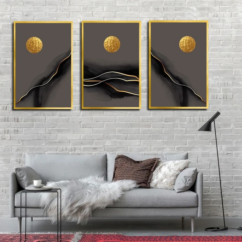 تابلو ساده بکلیت طرح انتزاعی خورشید مدل شاین اکلیلی T-2485 فریم طلایی مجموعه 3 عددی