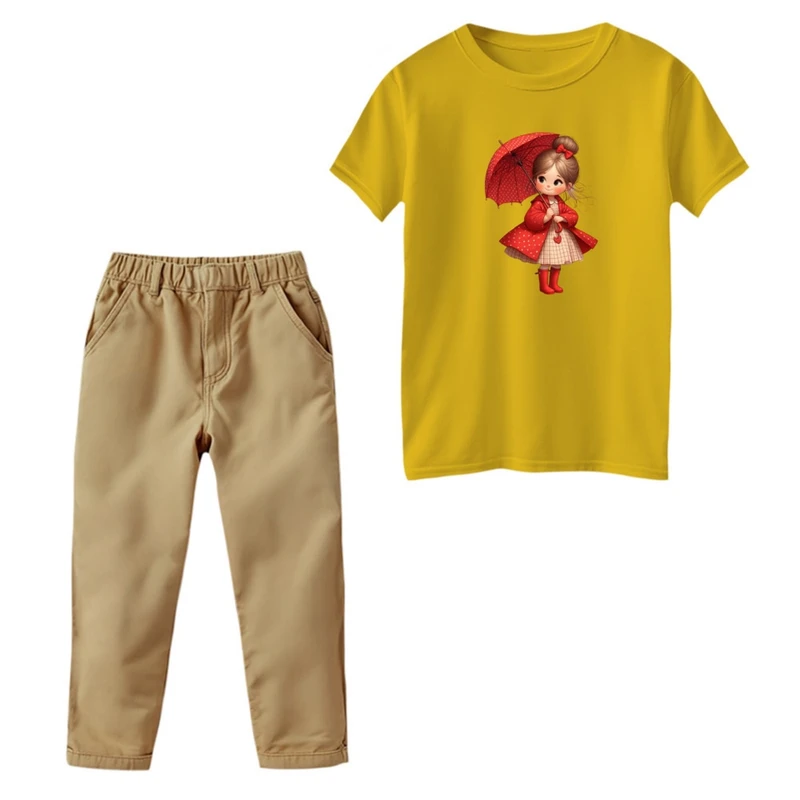 ست تی‌شرت و شلوار دخترانه مدل دخترک و چتر رنگ زرد