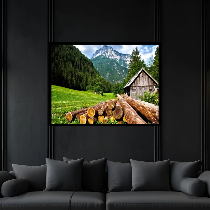 تابلو بکلیت طرح طبیعت دشت و کلبه جنگلی مدل B-bu6538 فریم مشکی