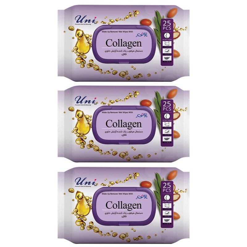 دستمال مرطوب یونی لد مدل پاک کننده آرایش کلاژن سه بسته 25 عددی