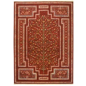 فرش ماشینی طرح درخت زندگی زمینه  زرشکی