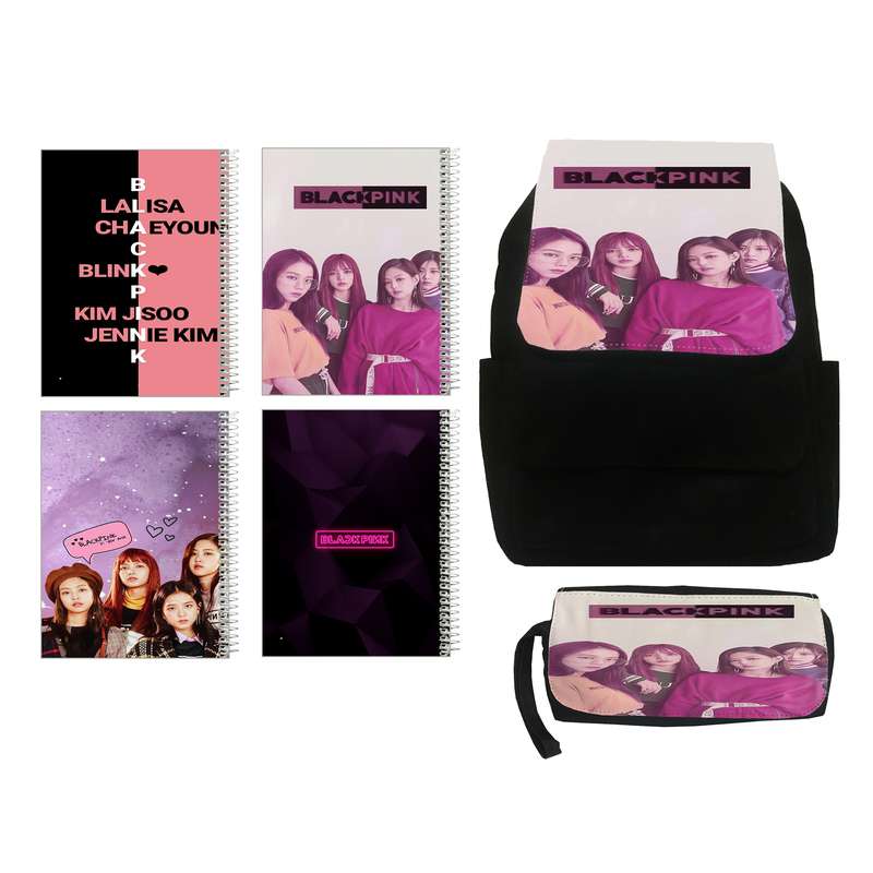 کوله پشتی مدل black pink کد kj3 به همراه جامدادی و دفتر مشق مجموعه 4 عددی