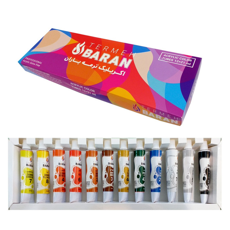 رنگ اکریلیک 12 رنگ ترمه باران حجم 21 میلی لیتر
