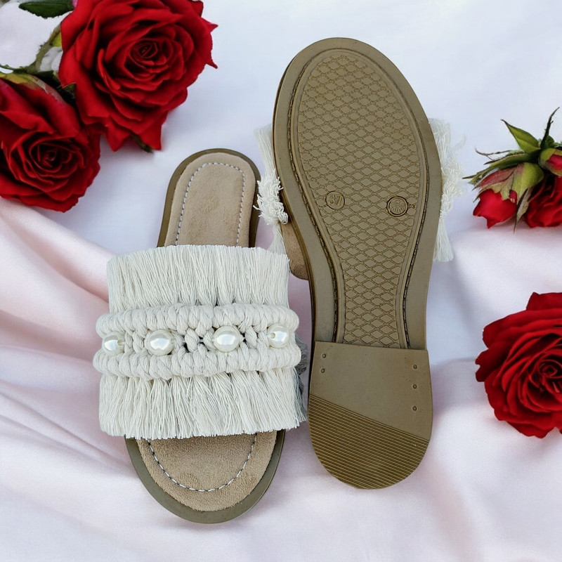 صندل زنانه مدل مکرومه رنگ کرم