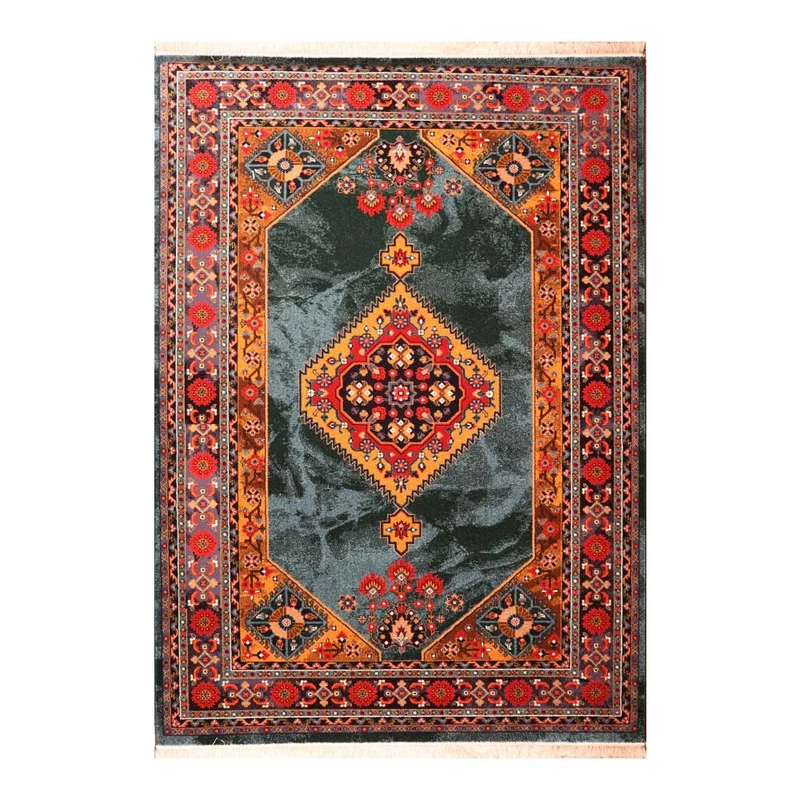 فرش ماشینی 320 شانه زمینه سرمه‌ای حاشیه لاکی مدل ستاره کویر یزد کلکسیون شاهسون طرح SH-B005-9036