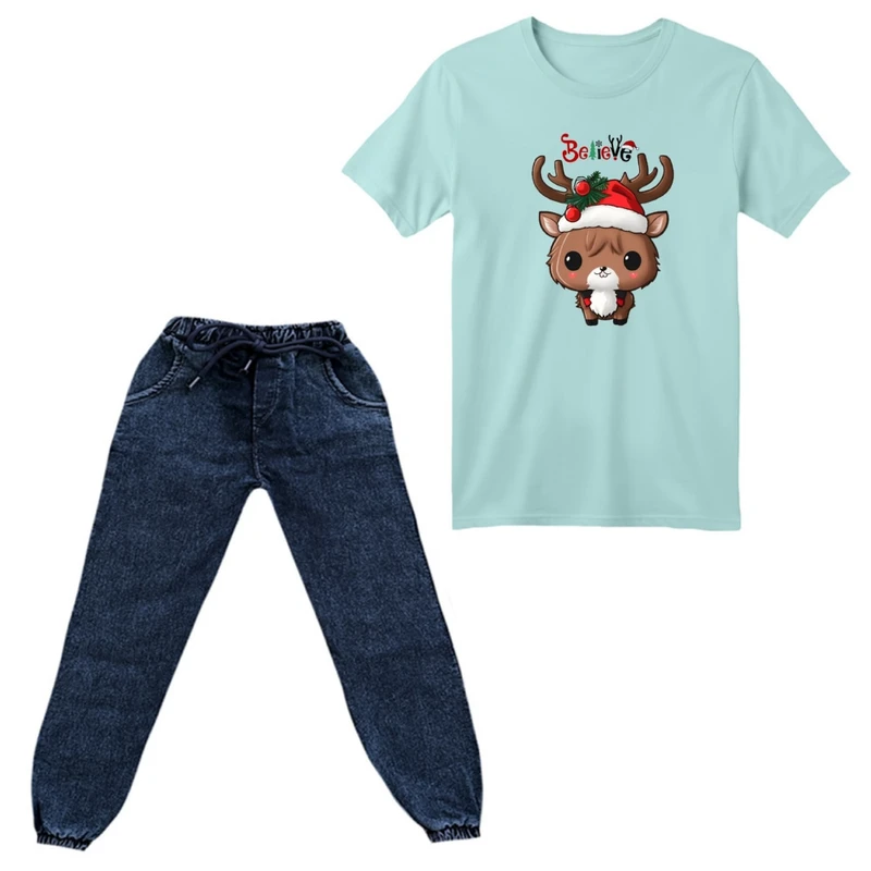 ست تی‌شرت آستین کوتاه و شلوار پسرانه مدل گوزن کریسمس کد 5 