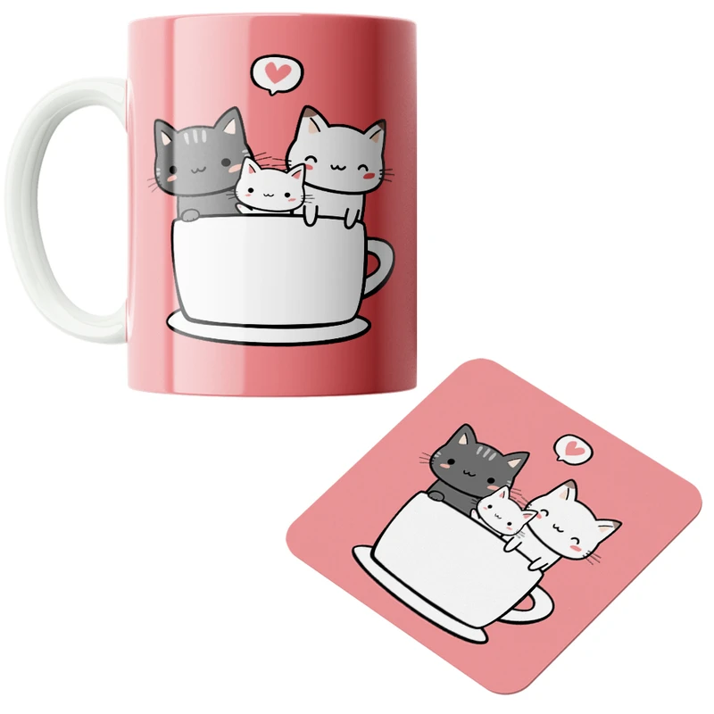 ماگ پاد آفرین مدل گربه ها کد DKC307 به همراه زیر لیوانی