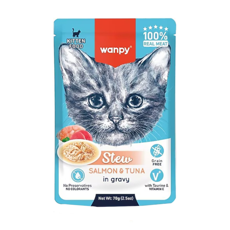 پوچ خورشتی بچه گربه ونپی مدل استیو طعم ماهی تن و سالمون وزن 70 گرم