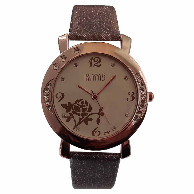 ساعت مچی عقربه ای دخترانه مدل بندچرمی نگین دار کد 50