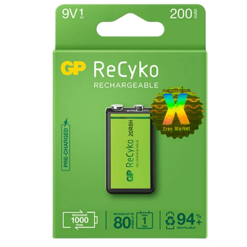 باتری کتابی جی پی مدل Rechargeable Recyko 200mAh 9V XRAY