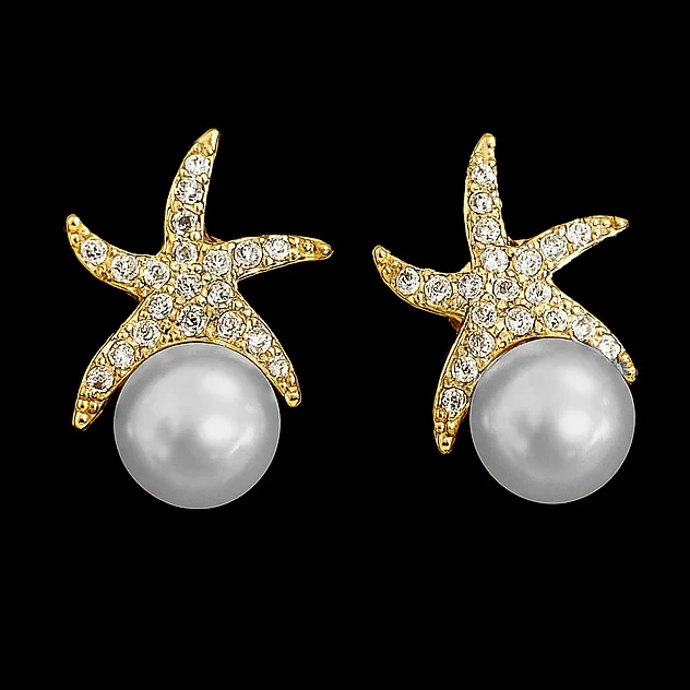 گوشواره میخی زنانه مدل ستاره دریایی نگینی مرواریدی