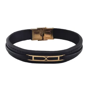 دستبند طلا 18 عیار مردانه با بند چرمی طلا و جواهر ویانا مدل دو حلقه