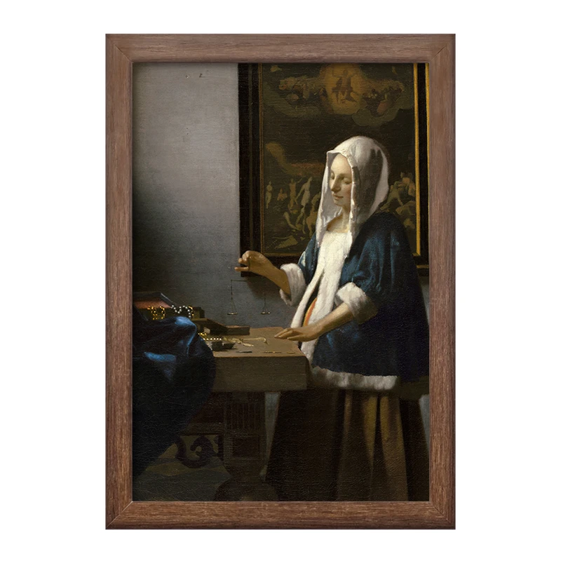 تابلو خندالو طرح نقاشی زن با ترازویی در دست اثر یوهانس فرمیر کد F12429