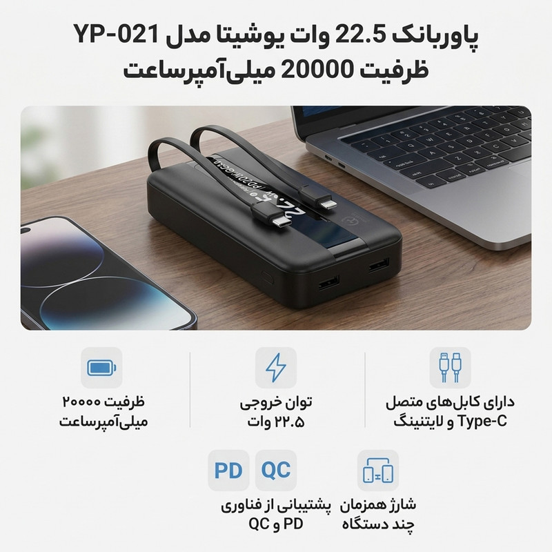 پاوربانک 22.5 وات یوشیتا مدل YP-021 ظرفیت 20000 میلی‌آمپر‌ساعت به همراه سه عدد کابل USB-C/ لایتنینگ / USB-C