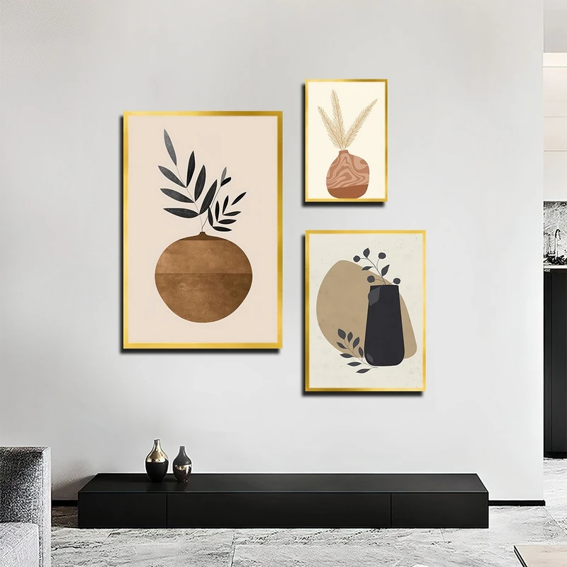 تابلو بکلیت طرح نقاشی مینیمال برگ و گلدان مدل T-3878 فریم طلایی مجموعه 3 عددی