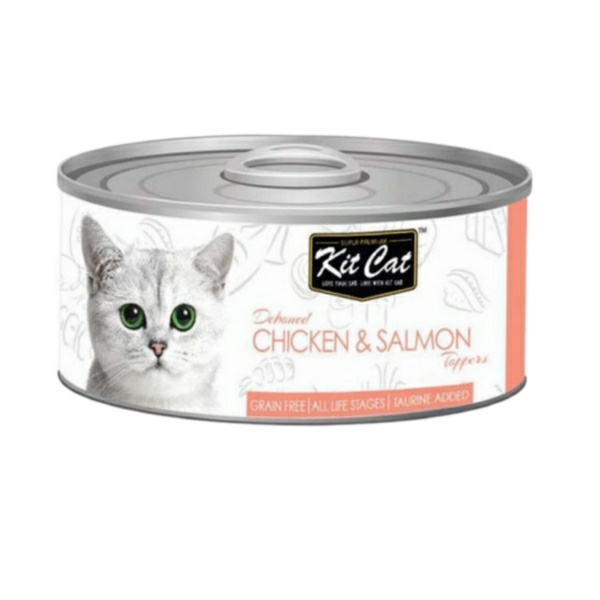 کنسرو غذای گربه کیت کت مدل مرغ و ماهی سالمون وزن 80 گرم