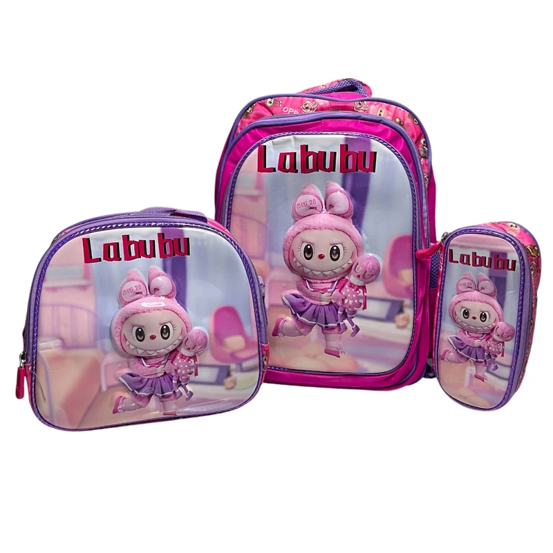 کوله پشتی مدرسه مدل لبوبو به همراه کیف تغذیه و جامدادی