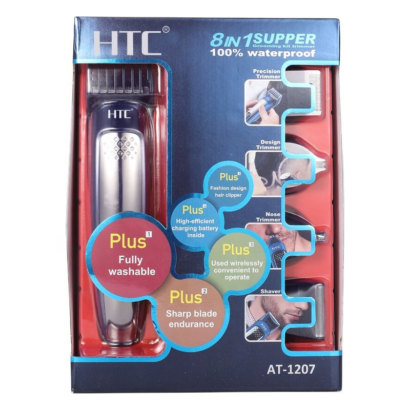 ست ماشین اصلاح موی صورت و بدن شارژی اچ تی سی مدل AT 1207، اصلاح به صورت خط زن و حجم زن، طراحی ارگونومیک، منبع انرژی با برق، تکنولوژی اصلاح به صورت برش چرخشی، مدت زمان شارژ 240 دقیقه و مدت زمان استفاده پس از شارژ 60 دقیقه، سری قابل شست‌وشو -  - 8