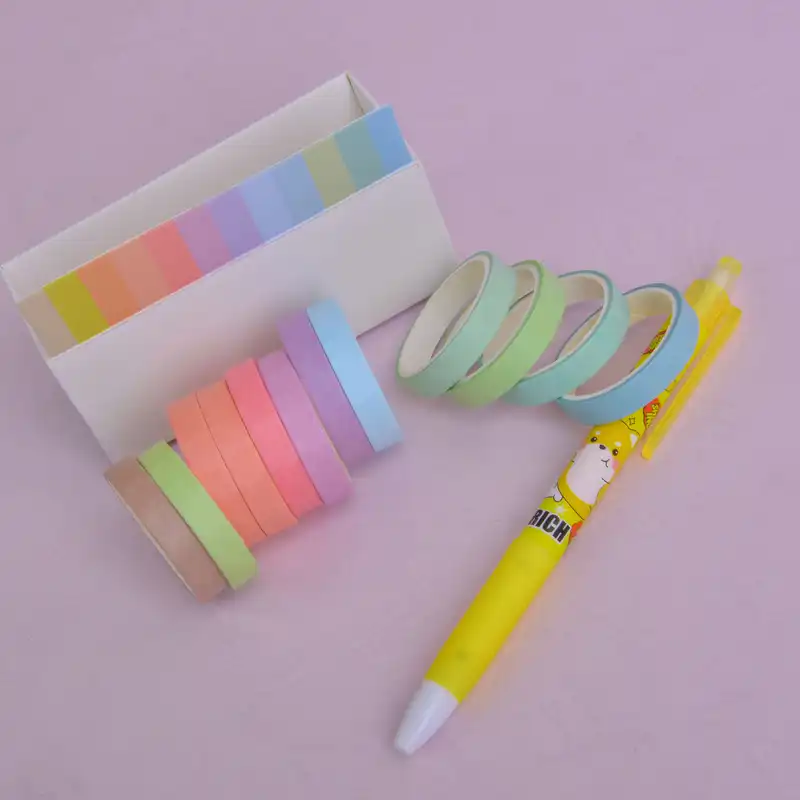 چسب نواری مدل واشی طرح رنگارنگ عرض 7.5 سانتی متر به همراه خودکار بسته 13 عددی