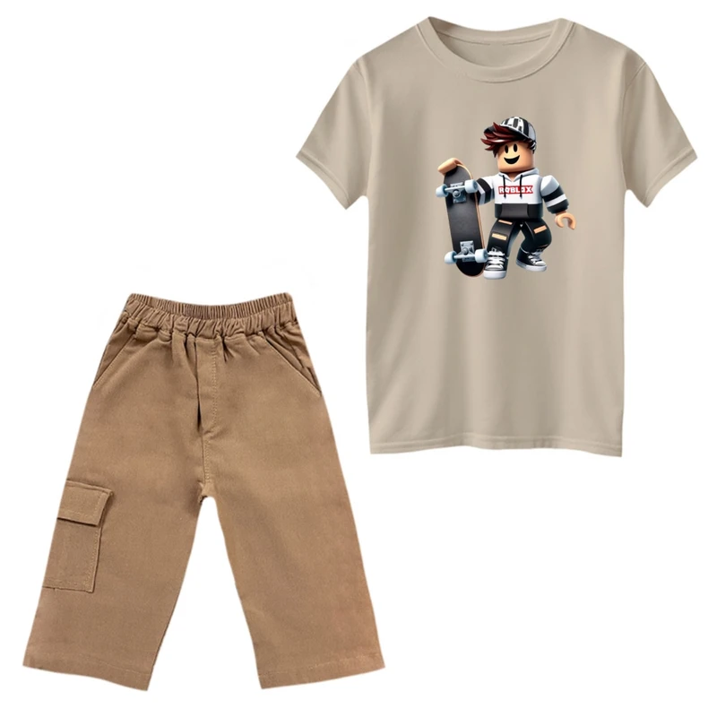 ست تی‌شرت و شلوارک پسرانه مدل روبلاکس اسکیت رنگ کرم