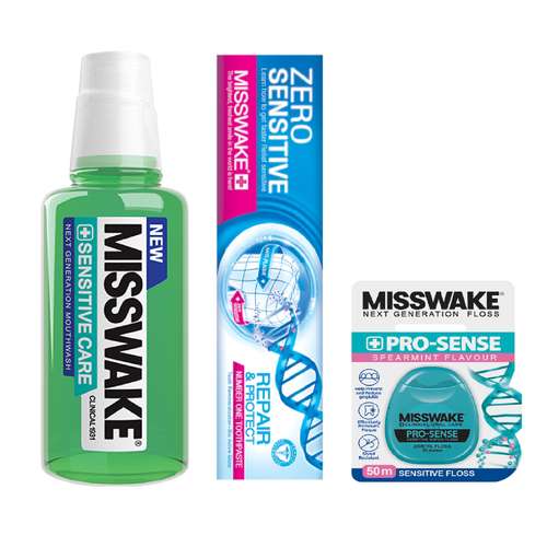 خمیردندان میسویک مدل Zero Sensitive حجم 100 میلی لیتر به همراه دهان شویه میسویک مدل Sensitive Care حجم 400 میلی لیتر و نخ دندان