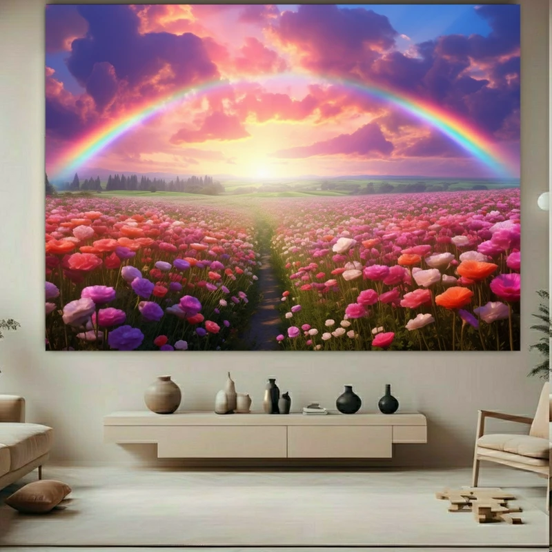 تابلو بوم طرح مخمل دشت گل مدل رنگین کمان کد BK23150
