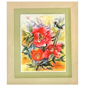نقاشی آبرنگ طرح پرنده در باغ گل