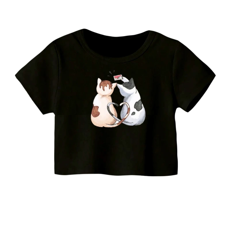 کراپ‌ تی‌شرت آستین کوتاه زنانه مدل گربه های عاشق