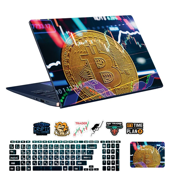 استیکر لپ تاپ توییجین و موییجین طرح Bitcoin کد 19 مناسب برای لپ تاپ 15.6 اینچ به همراه برچسب حروف فارسی کیبورد