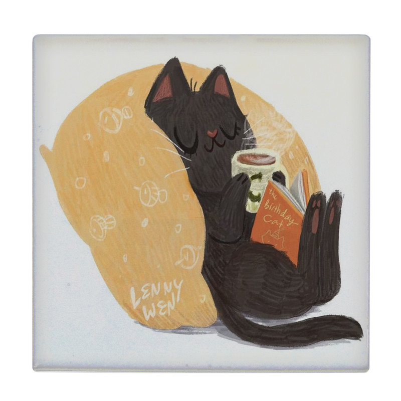 کاشی کارنیلا طرح گربه و کتاب و نوشیدنی داغ کد wkk5156 