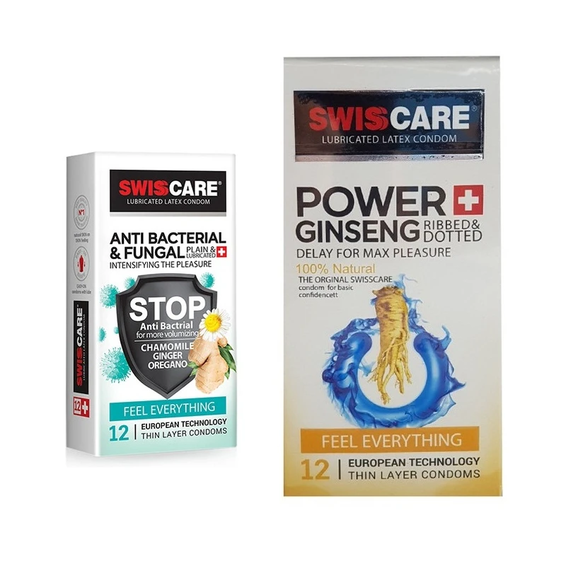 کاندوم سوئیس کر مدل ANTI BACTERIAL بسته 12 عددی به همراه کاندوم سوئیس کر مدل Gensing بسته 12 عددی