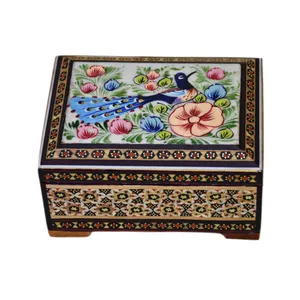 جعبه جواهرات خاتم کاری چوبی مدل گل و مرغ کد 12