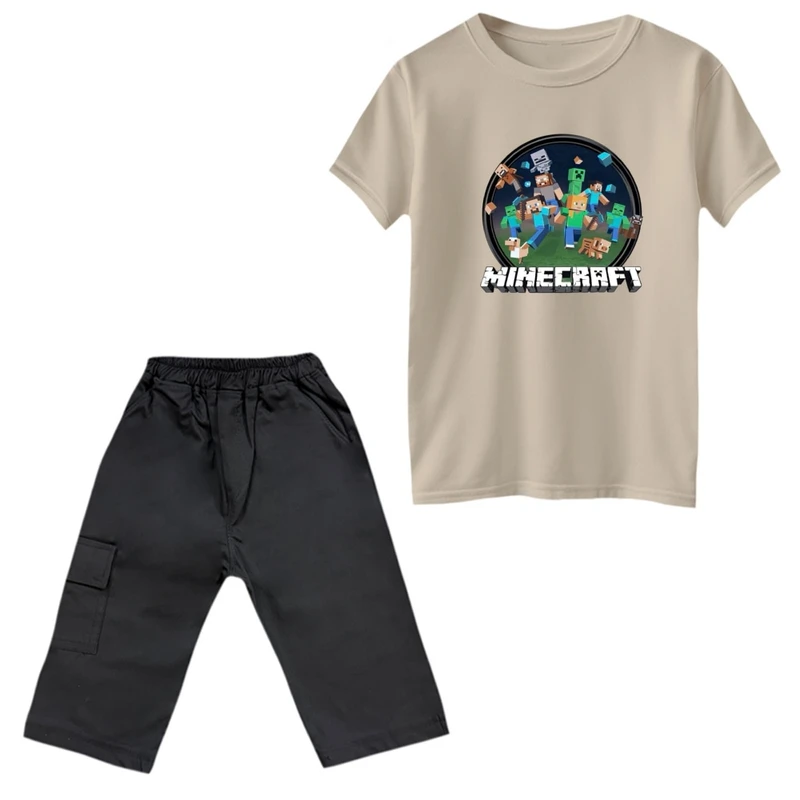 ست تی‌شرت و شلوارک پسرانه مدل ماینکرفت کد 006 رنگ کرم 