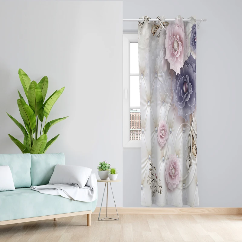 پرده طرح گل مدل مخمل پانچی کد L 1214R Z سایز 140x200 سانتی متر