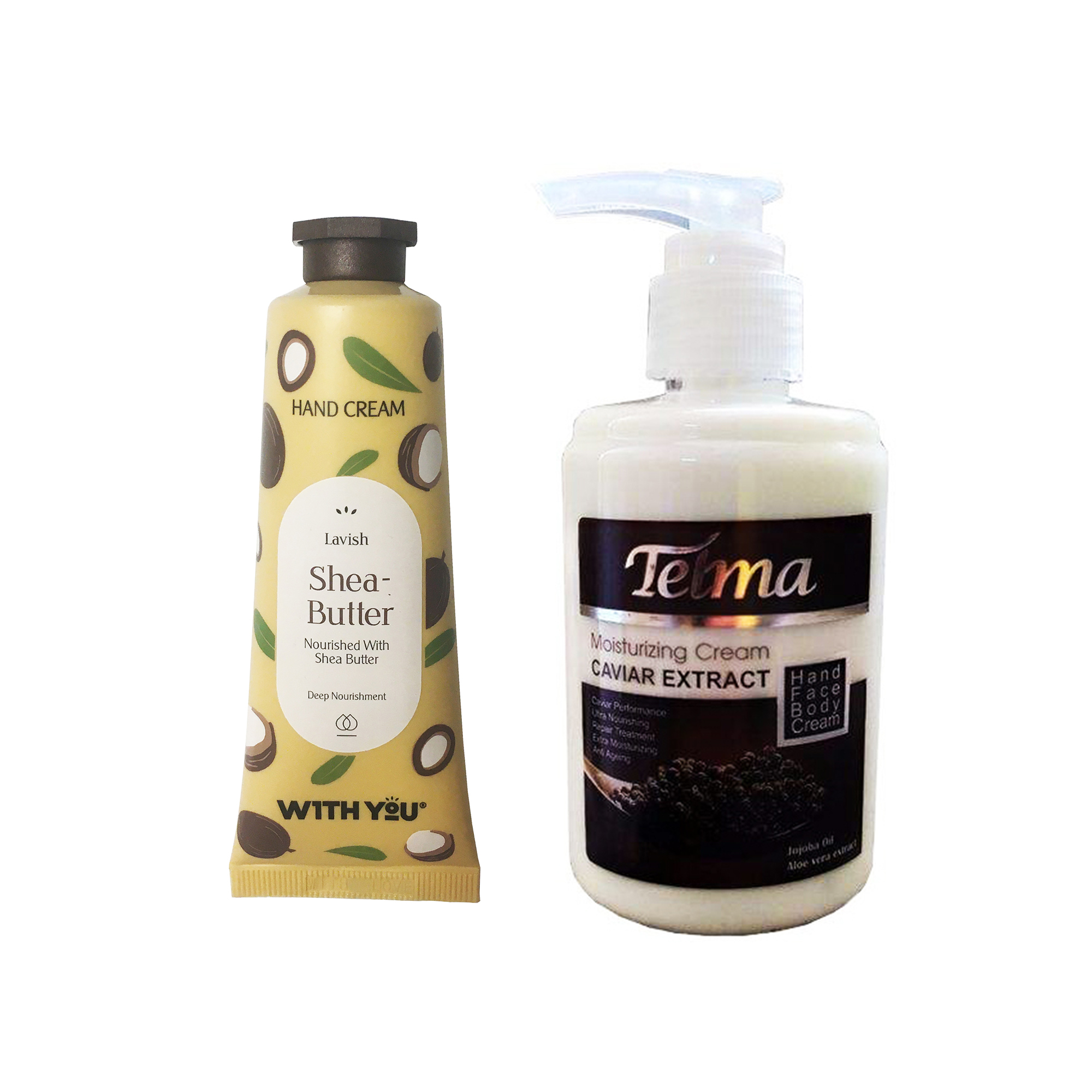 کرم آبرسان و مرطوب کننده تلما مدل خاویار حجم 200 میلی لیتر به همراه کرم مرطوب کننده ویت یو مدل Shea Butter حجم 50 میلی لیتر 