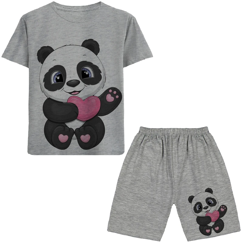 ست تی شرت و شلوارک دخترانه مدل پاندا و قلب کد N73
