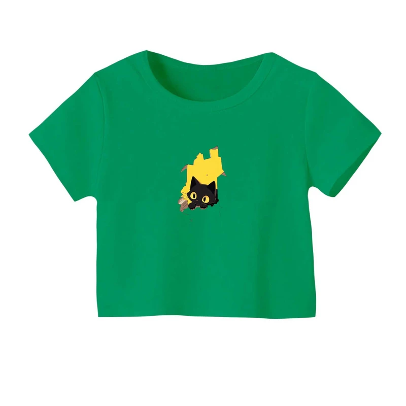 کراپ‌ تی‌شرت آستین کوتاه زنانه مدل گربه