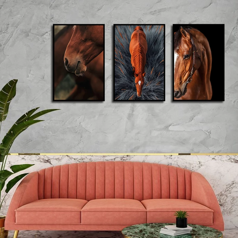تابلو بکلیت طرح دکوراتیو اسب مدل B-3837 فریم مشکی مجموعه 3 عددی