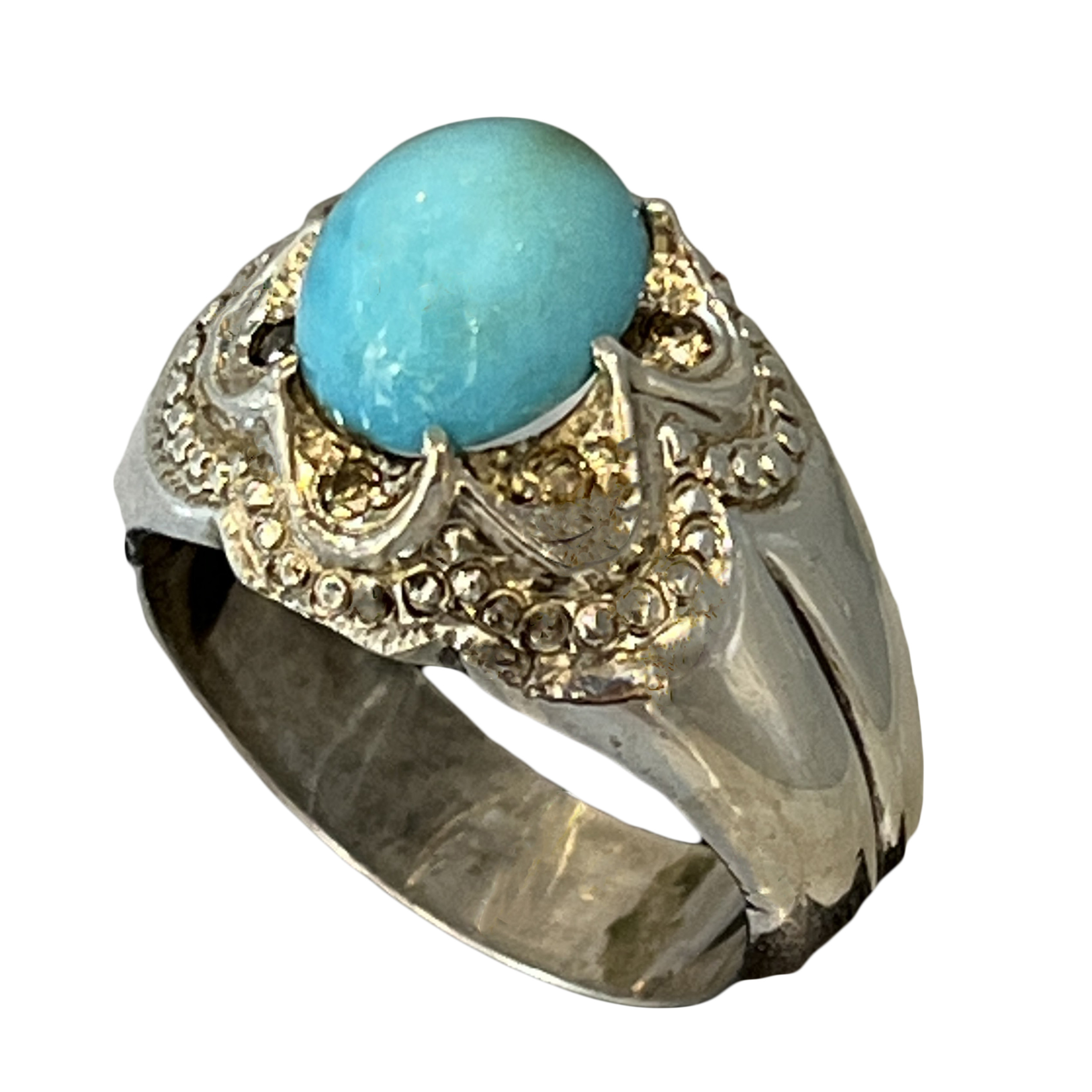 انگشتر نقره مردانه مدل دستساز مزین به فیروزه نیشابوری و الماس