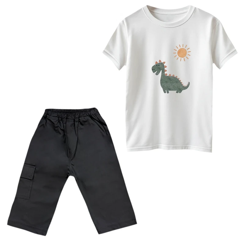 ست تی‌شرت و شلوارک پسرانه مدل دایناسور و خورشید