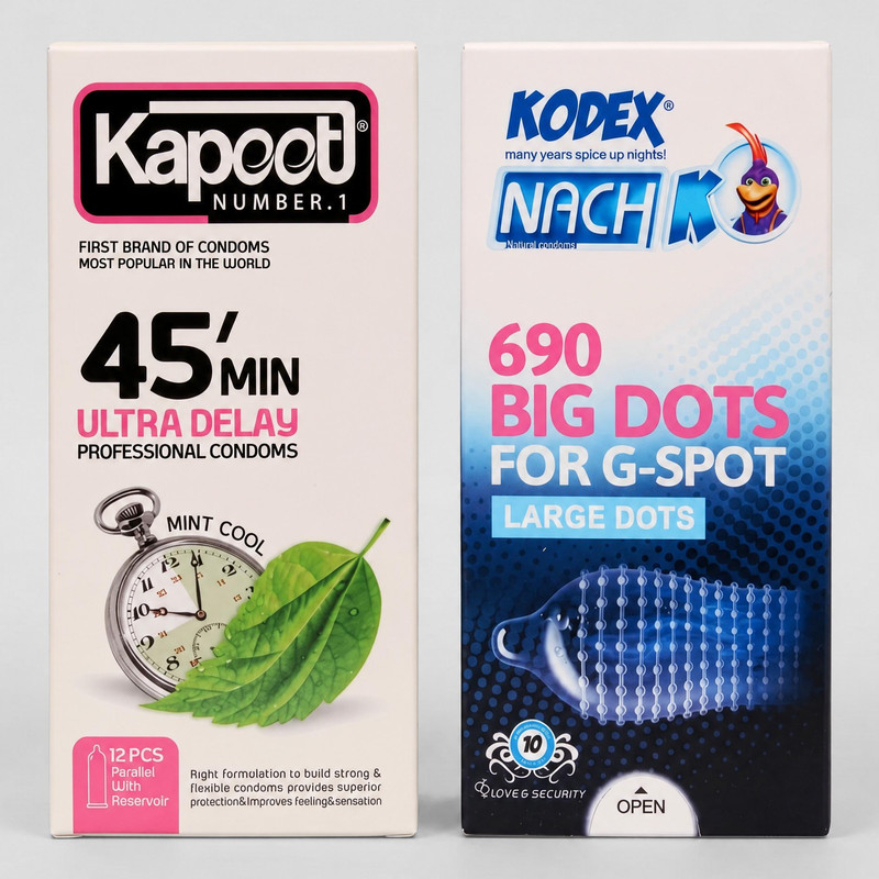 کاندوم کاپوت مدل 45min بسته 12 عددی به همراه کاندوم ناچ کدکس مدل 690 Big Dots بسته 10 عددی