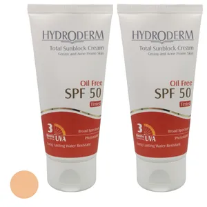 کرم ضد آفتاب رنگی هیدرودرم SPF 50 مدل Medium Beige، حاوی محافظ UVA ،UVB، ضدآب، فاقد چربی، حاوی عصاره جوجوبا، حجم 50 میلی‌لیتر مجموعه دو عددی